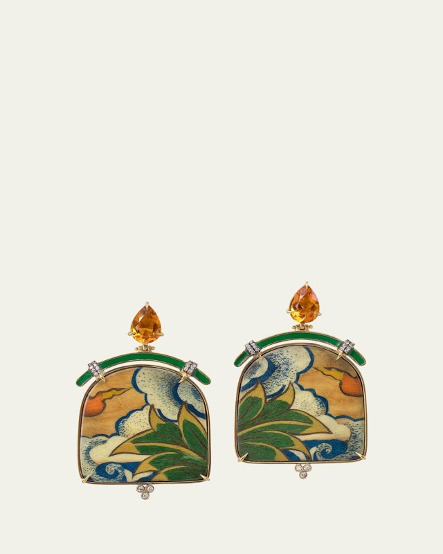 18K Yellow Gold Marquetry Earrings with Diamonds, Citrine, and Green Enamel